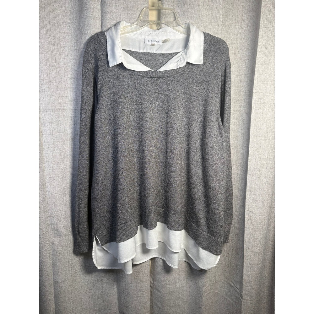 Calvin Klein Womens 2X Grey Layered Look Mixed Media Sweater W6XSM744 B6S